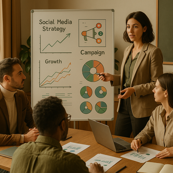 Team marketing che analizza segnali di trend social media e idee di campagna su una dashboard