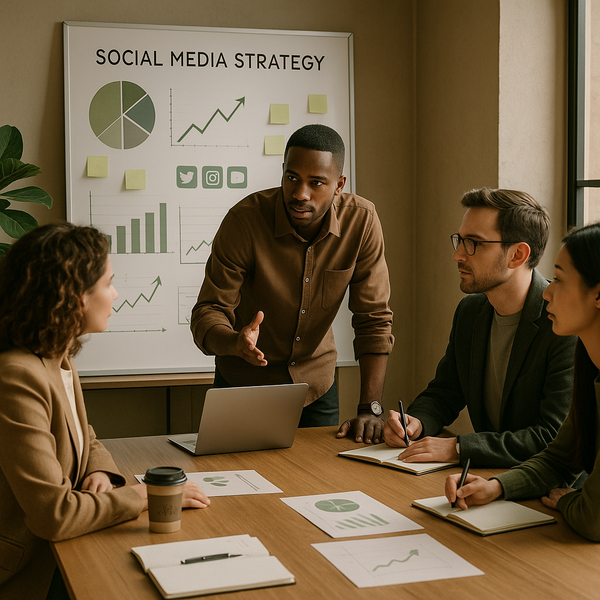 Marketing team reviewing social media trends on a dashboard with campaign notes