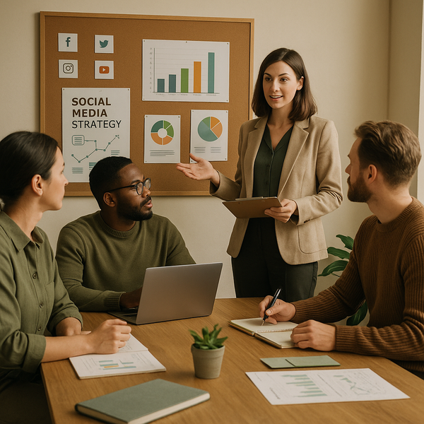 Equipe de marketing analisando sinais de tendências nas redes sociais em um dashboard