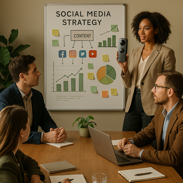 Workflow con videocamera 360 che mostra Gaussian splats per contenuti creator e strategia social media marketing