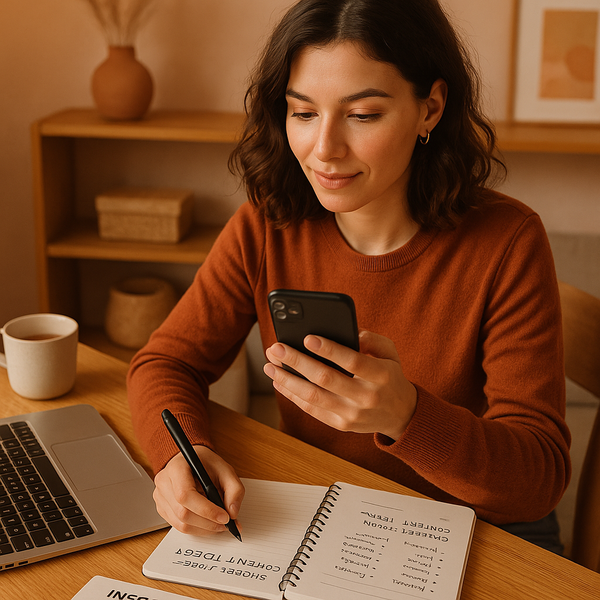 Ein Content-Creator prüft seinen Instagram-Wachstumsplan in Notizbuch und Laptop