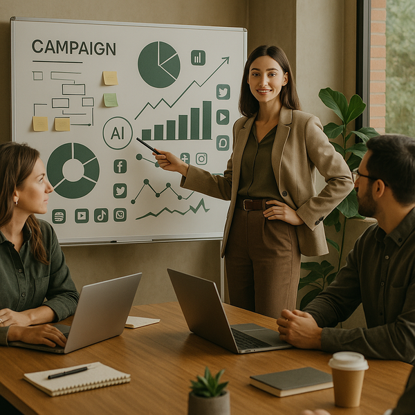 Marketing-Team prüft Social-First-KI-Ergebnisse in einem Dashboard