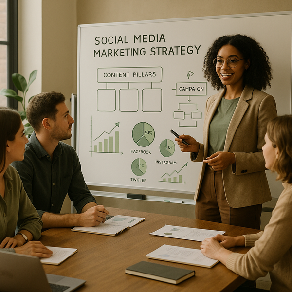 Team planning social media content pillars on a strategy board