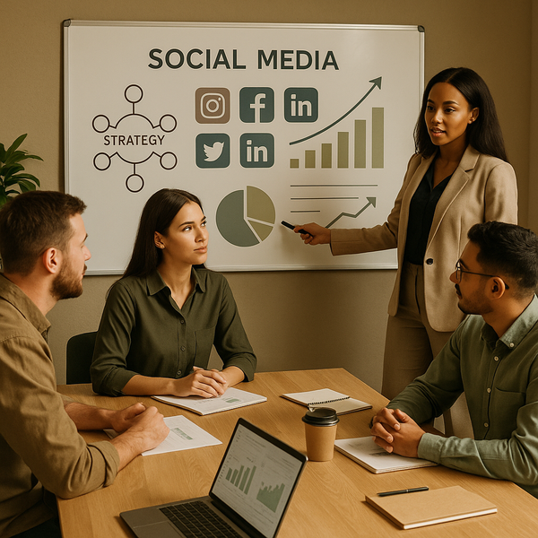 Marketing team reviewing social-first AI outputs on a dashboard