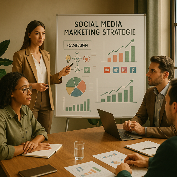 Team koordiniert Social-Media-Plan auf Monitoren und Notizbüchern