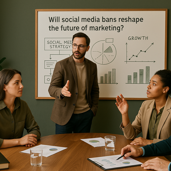 Abstract arrows pointing outward from a social media icon, symbolizing policy change and strategy adaptation