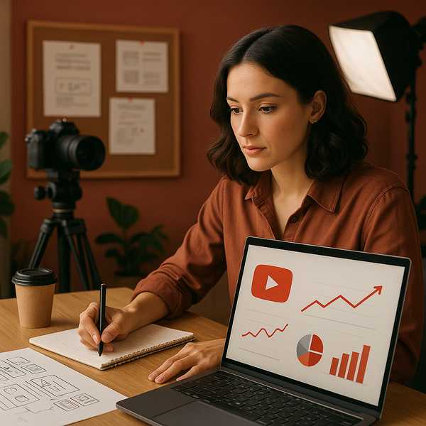 Creator prüft auf einem Laptop YouTube-Tools zum Entfernen von Deepfakes