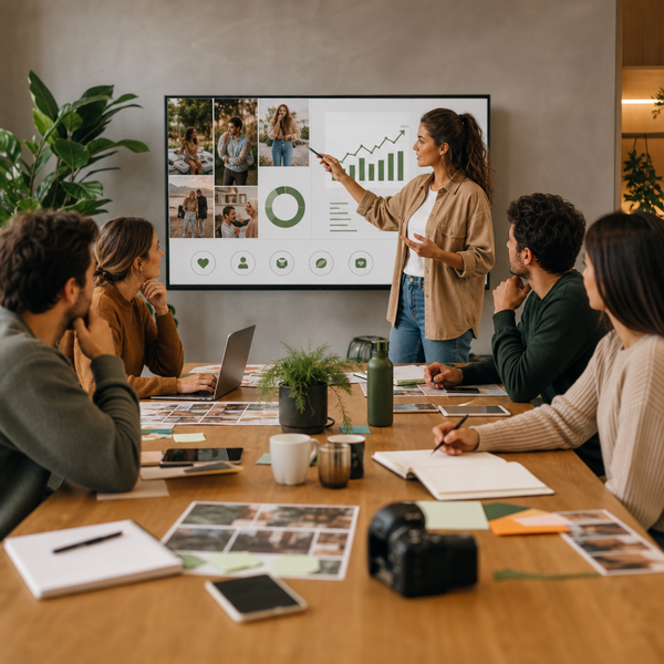 Team che pianifica una strategia di social media marketing per una campagna influencer su un laptop.