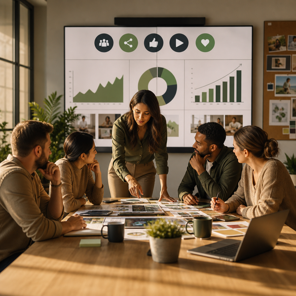 Marketing team reviewing MCP tools and social media performance dashboards in 2026