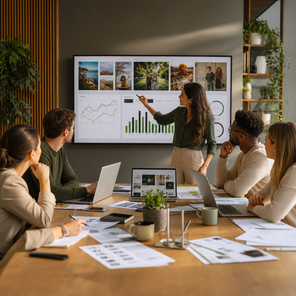 Équipe analysant des tableaux de bord de social intelligence et des insights audience dans un espace de travail moderne