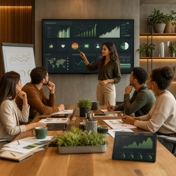 Equipe analisando dashboards de social intelligence e insights de audiência em um ambiente de trabalho moderno