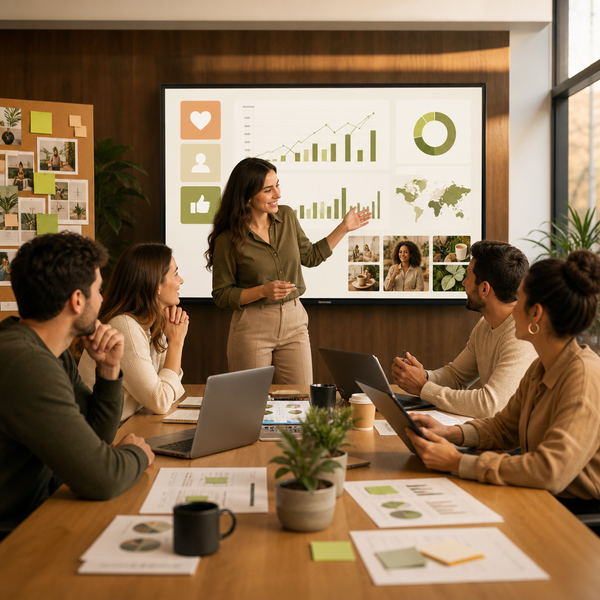 Equipo revisando paneles de inteligencia social y métricas de audiencia en una oficina moderna
