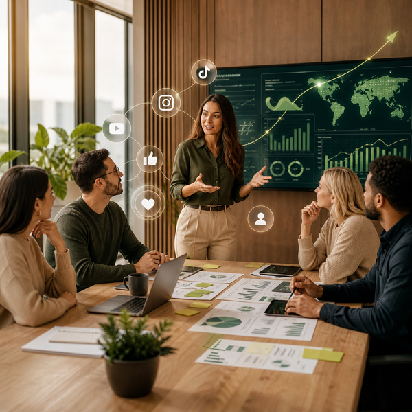 Team dat social media intelligence-dashboards en audience-inzichten bespreekt in een moderne werkruimte