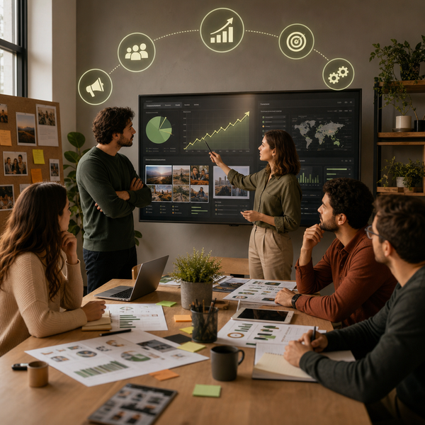 Team marketing che valuta strumenti MCP e dashboard di performance social nel 2026