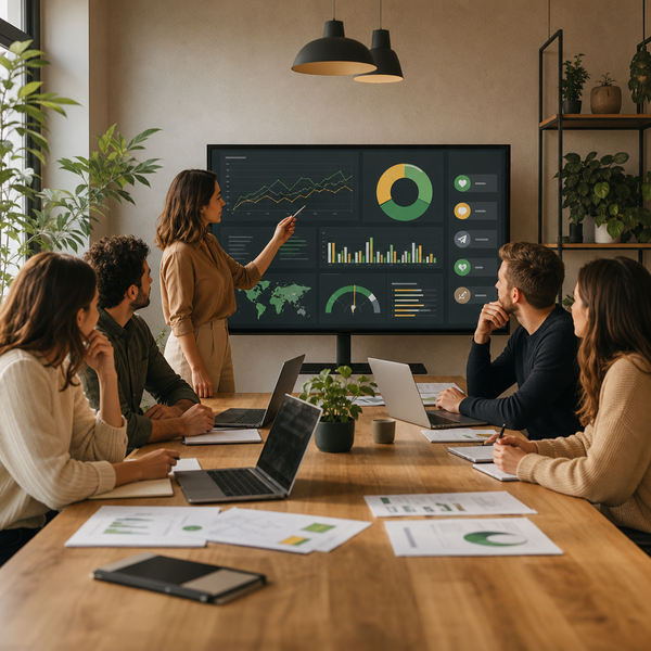 Team che analizza dashboard di social intelligence e audience insights in un ufficio moderno