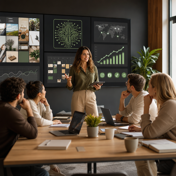Persoon plant een social media marketing strategie met AI-tools op een laptopdashboard