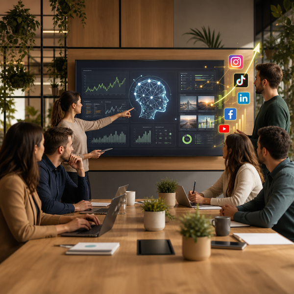 Marketingteam dat AI-ondersteunde social media analytics en contentideeën bespreekt