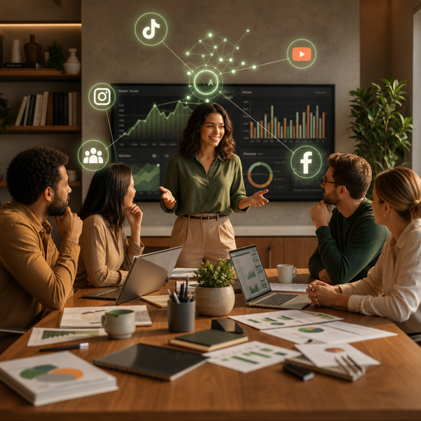 Ilustração de análises do AI Max e controles de campanha em um dashboard moderno