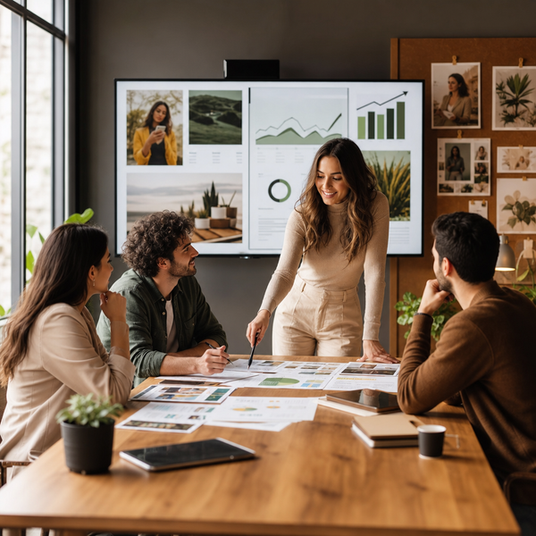 Equipo de marca e influencer planificando una estrategia de marketing en redes sociales a largo plazo