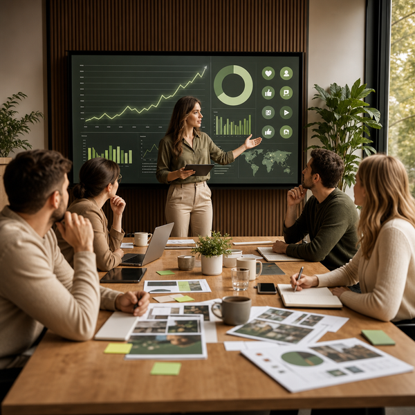 Dashboard voor social media marketing strategie met prestatiegrafieken en betrokkenheidsstatistieken van het publiek.