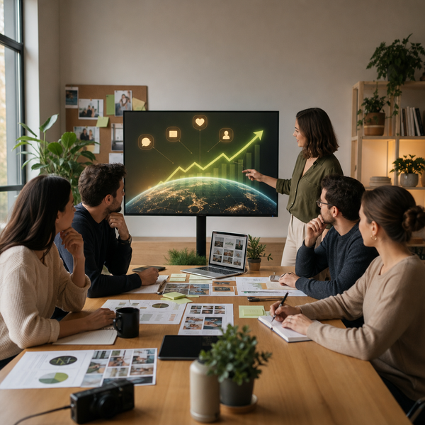 Marketer che analizza i benefici della generative engine optimization su una dashboard per la strategia social media marketing.