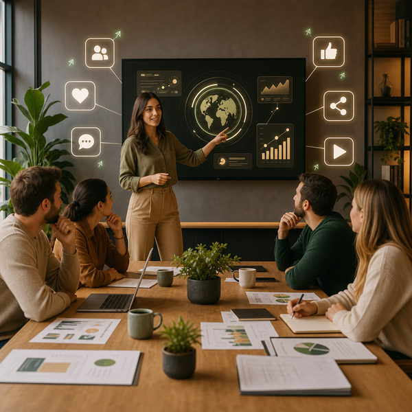 Profissional de marketing analisando benefícios da GEO para uma estratégia de marketing em redes sociais em um painel.
