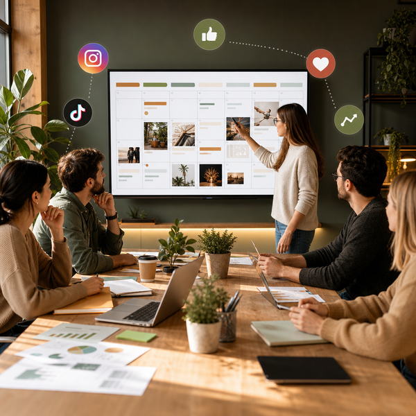 Content calendar planning dashboard with posts scheduled across multiple social platforms