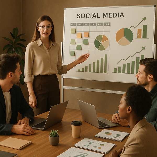 Team plant Content-Kalender an einem großen Bildschirm