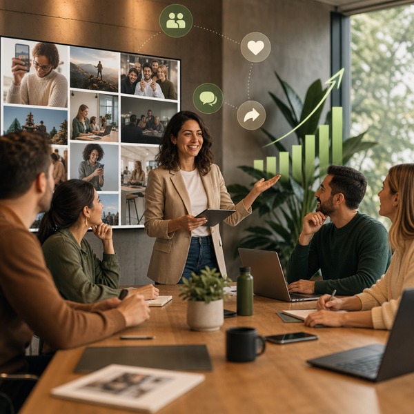 Teammitglieder teilen Unternehmensinhalte auf Social Media im Rahmen eines Employee-Advocacy-Programms