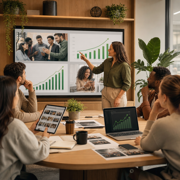 Teamleden die bedrijfscontent delen op sociale media als onderdeel van een employee advocacy-programma