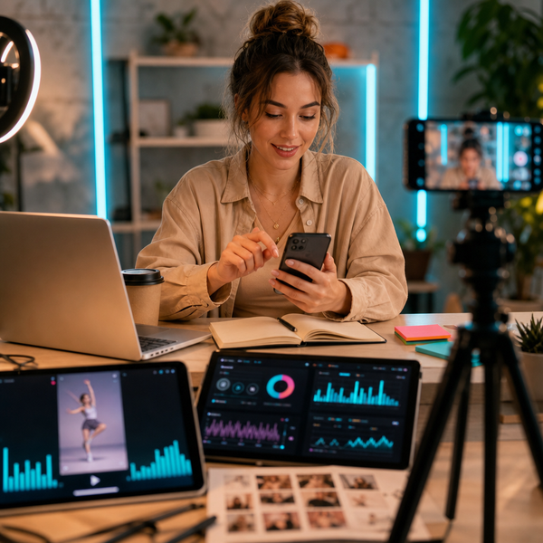 Créateur analysant les chansons TikTok tendance sur un tableau de bord mobile pour une stratégie de croissance en 2026.