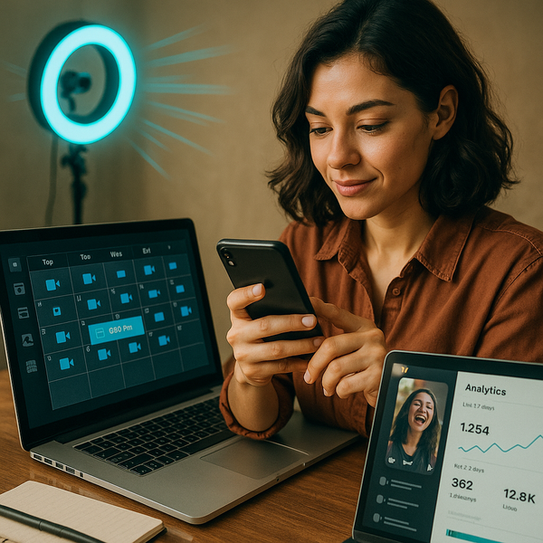 Pessoa agenda posts no TikTok em um laptop com calendário e relógio