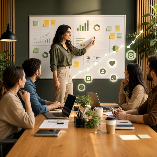 Equipo revisando objetivos de redes sociales, métricas y paneles de rendimiento de contenido para la planificación de 2026