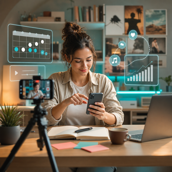 Creador programando publicaciones en TikTok en un portátil con un calendario de contenido abierto