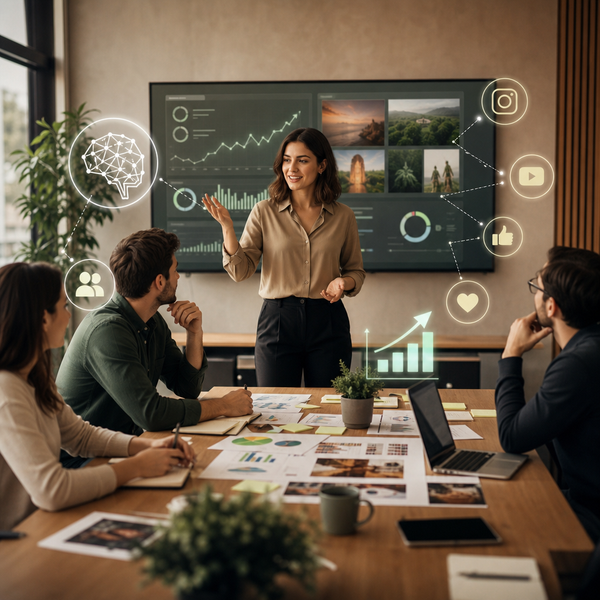 Person planning a social media marketing strategy with AI tools on a laptop dashboard
