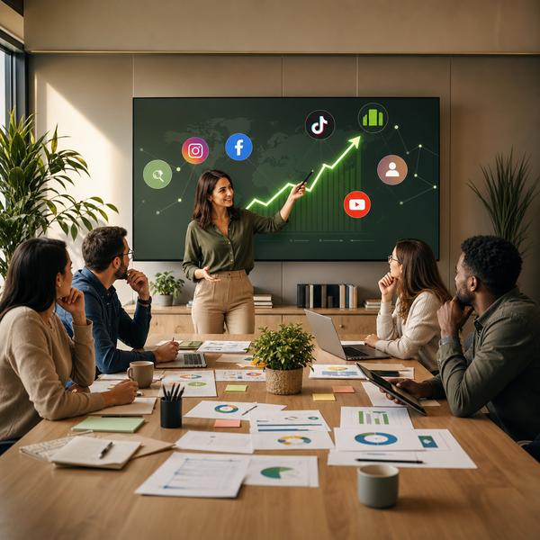 Marketing team reviewing campaign analytics and social media performance metrics on a dashboard