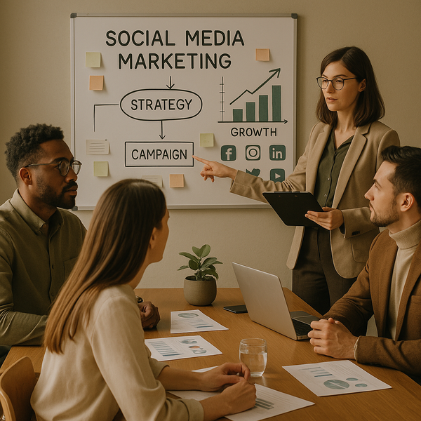 Team koordiniert Social-Media-Aufgaben auf einem Kanban-Board