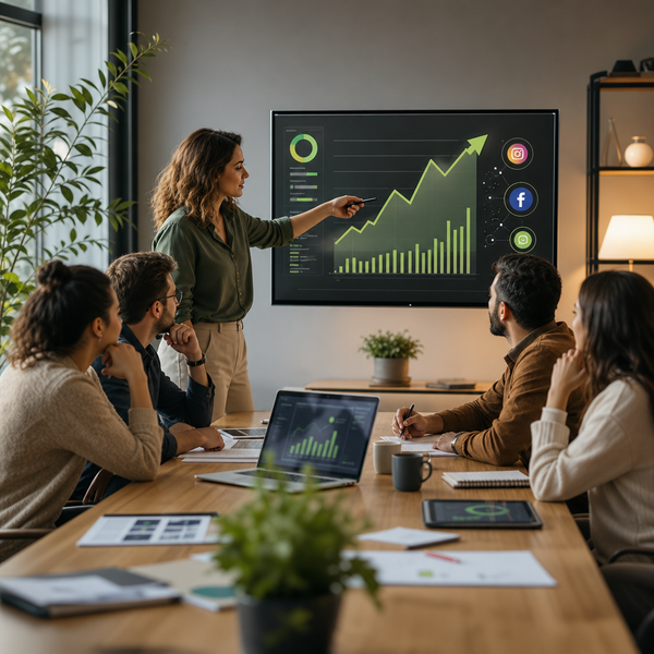 Ilustración de anuncios de IA de Meta en un panel de redes sociales con analítica de marketing