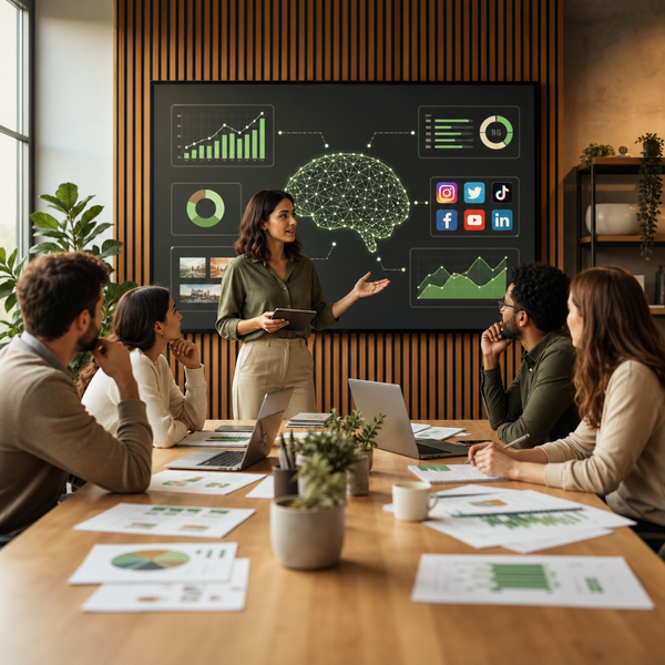 Team marketing che analizza dashboard social e idee contenuti assistite dall'AI