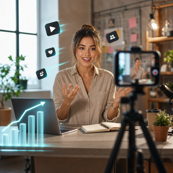 Criador gravando um vídeo para TikTok com ícones de analytics e uma manchete de companhia aérea ao fundo