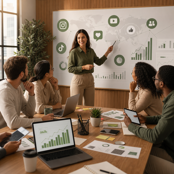 Equipe planejando uma campanha de social media outreach com métricas e modelos de mensagem em uma tela de laptop