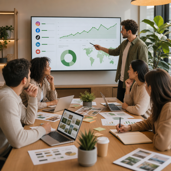 Equipo revisando una estrategia de marketing en redes sociales con métricas de rendimiento en una pantalla