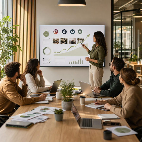 Equipo planificando una estrategia de marketing en redes sociales con analíticas de plataforma en una laptop