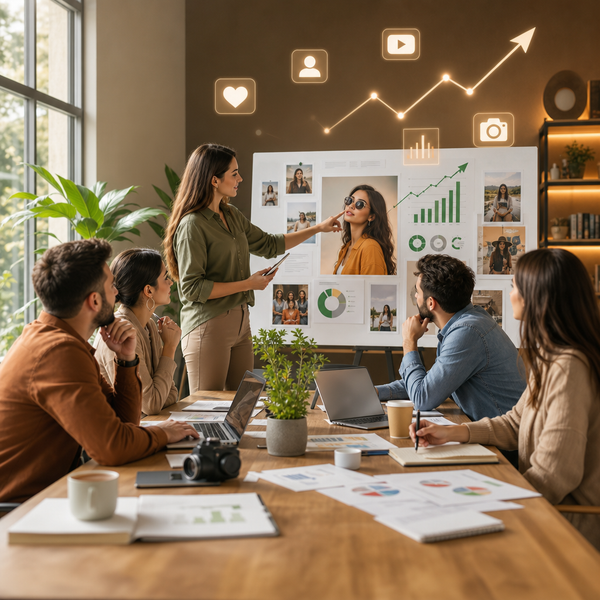 Team planning a social media marketing strategy for an influencer campaign on a laptop screen