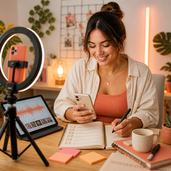 Persoon bewerkt een Instagram Reel op een smartphone met hoorbare audiogolven