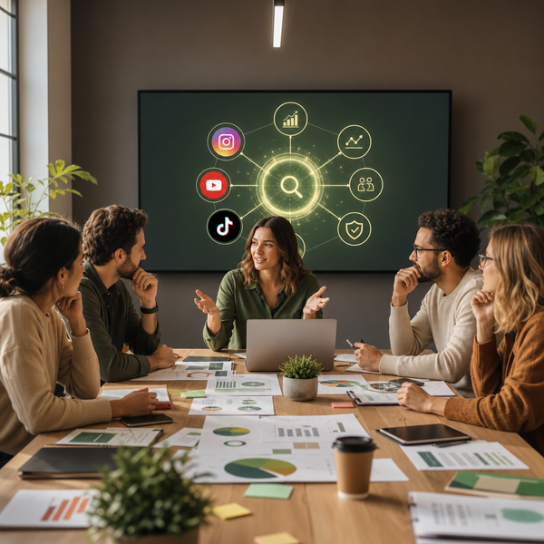 Marketer analysiert Generative Engine Optimization Vorteile für eine Social Media Marketing Strategie auf einem Dashboard.