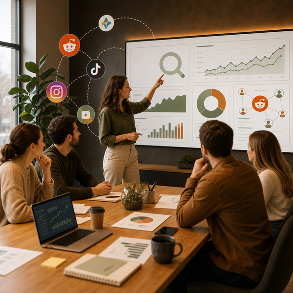 Illustrazione dei risultati di ricerca AI di Google con discussioni Reddit e visual di analytics social.