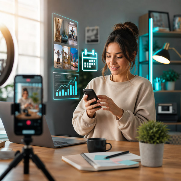Content creator plant TikTok-posts op een laptop met een contentkalender open