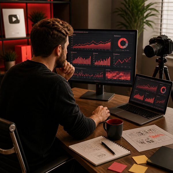 Analista che valuta il pannello analytics di YouTube su un laptop