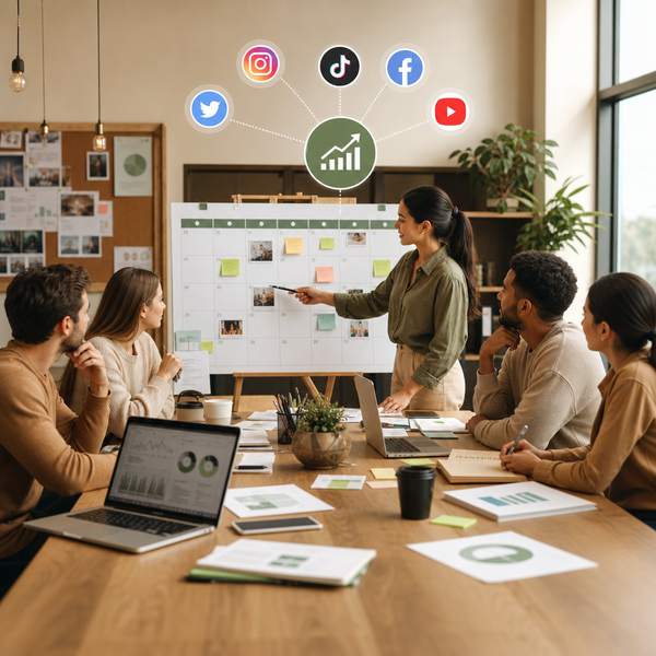 Planningbord voor een social media kalender met posts, campagnenotities en planningsblokken